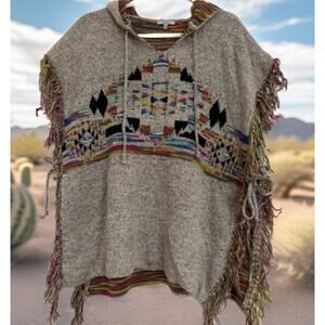 JODIFIL Boho Poncho Fringe Women’s Medium Southwest Y2K Tribal lagenlook Aztec